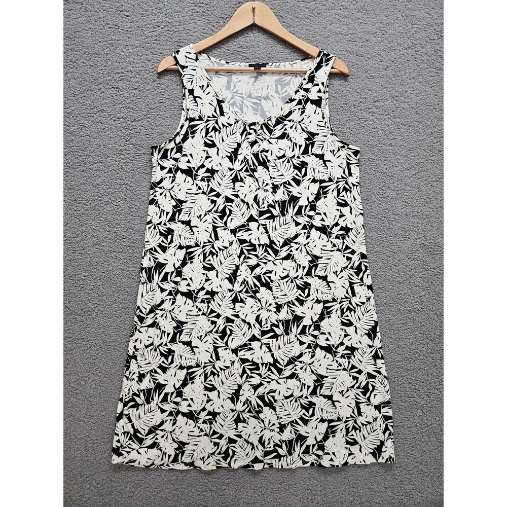 J. Jill Tunic Dress M Black White Tropical Palm Leaf Print Sleeveless Wearever